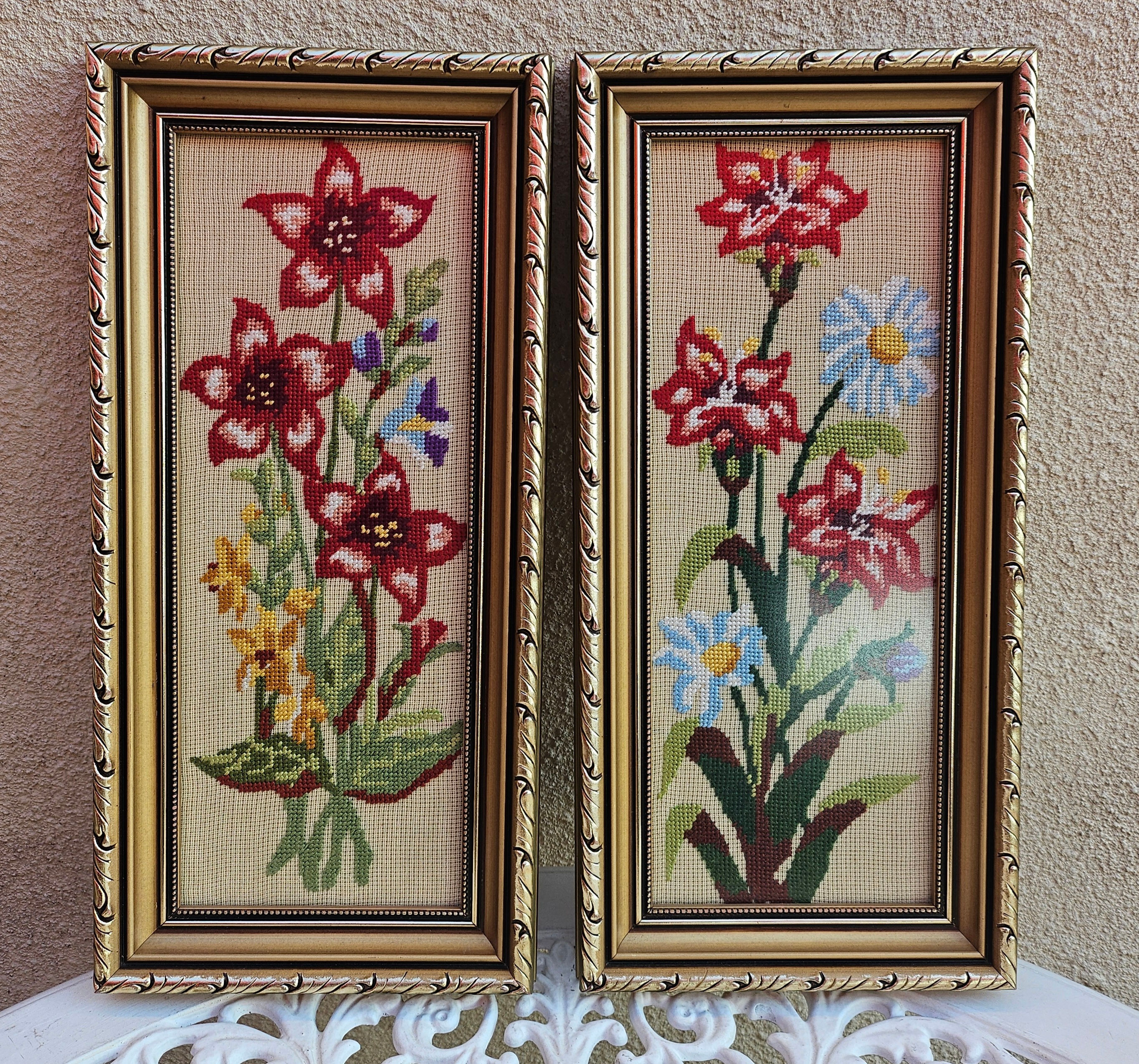 Pair Of Framed Embroidery Art: Vintage Pair of Gilt Framed Embroidered Flowers