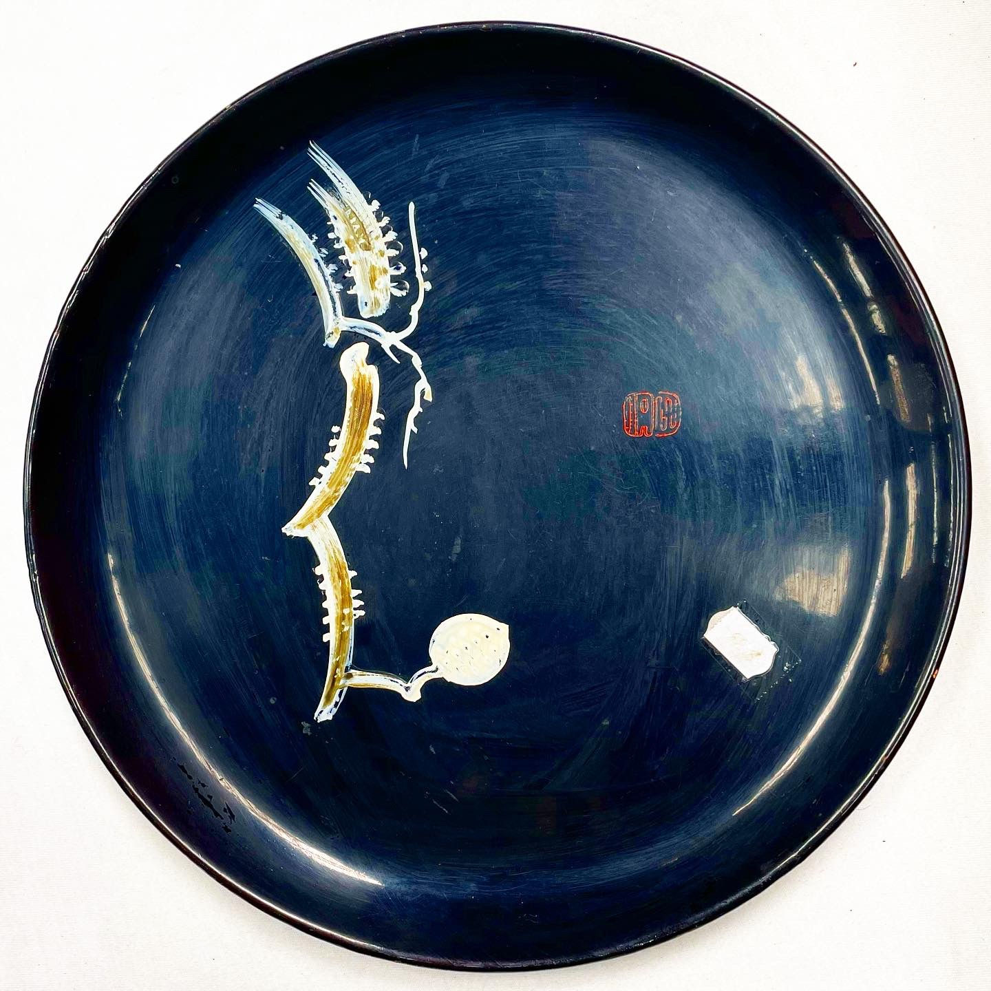 Vintage Oriental Plastic Plate with Floral Hand-Painted Ornaments 