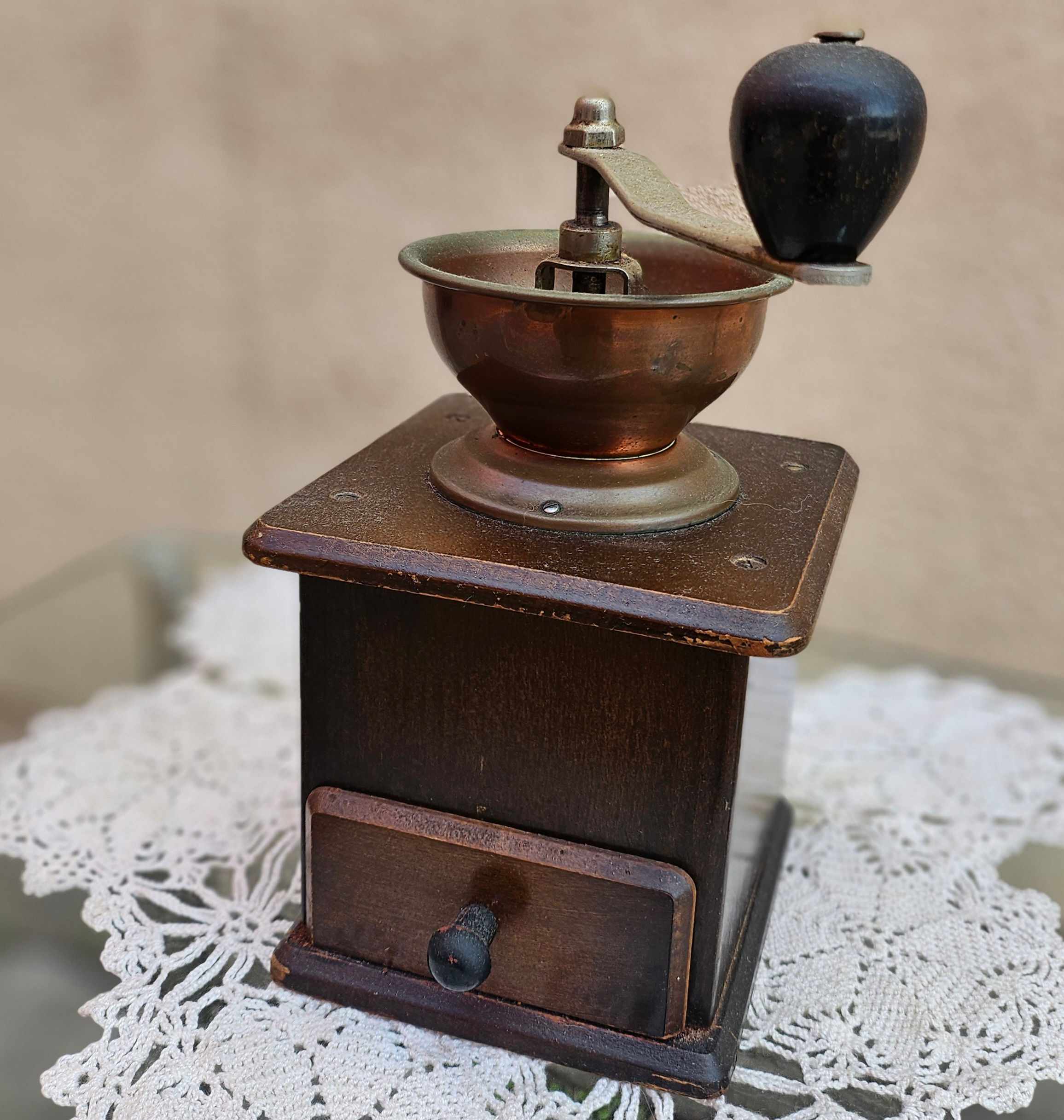 Coffee Grinder: Vintage Wood And Copper Hand Crank Coffee Grinder