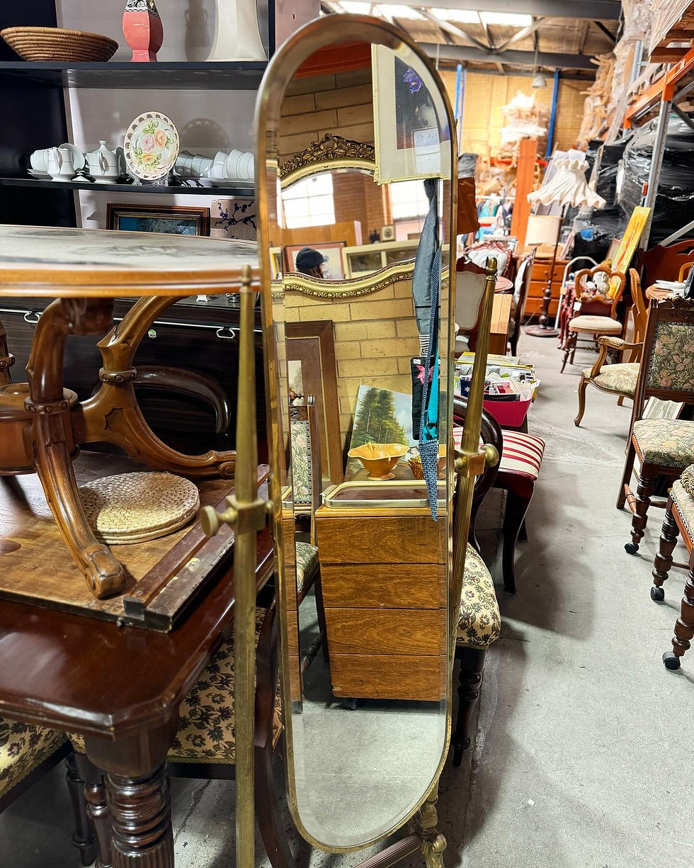 Thumbnail: Vintage Regency Brass Full Length Standing Cheval Mirror with Bevelled Edge