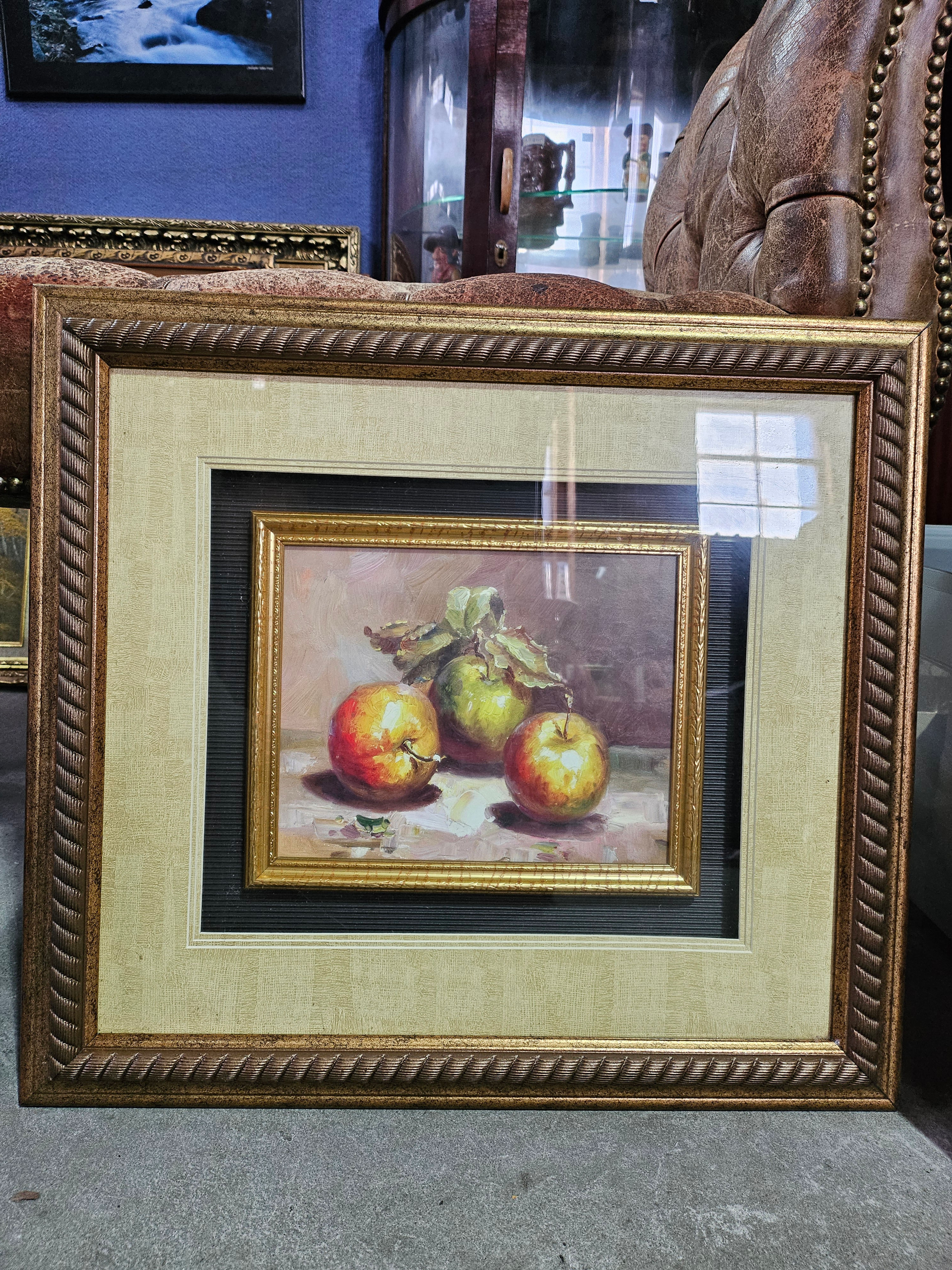 Gold Double Framed Still Life Painting, Three Apples