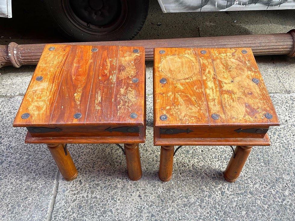 Thumbnail: Mid-Century Set of 2 Rustic Wooden Coffee Tables with Wrought Iron Ornaments 