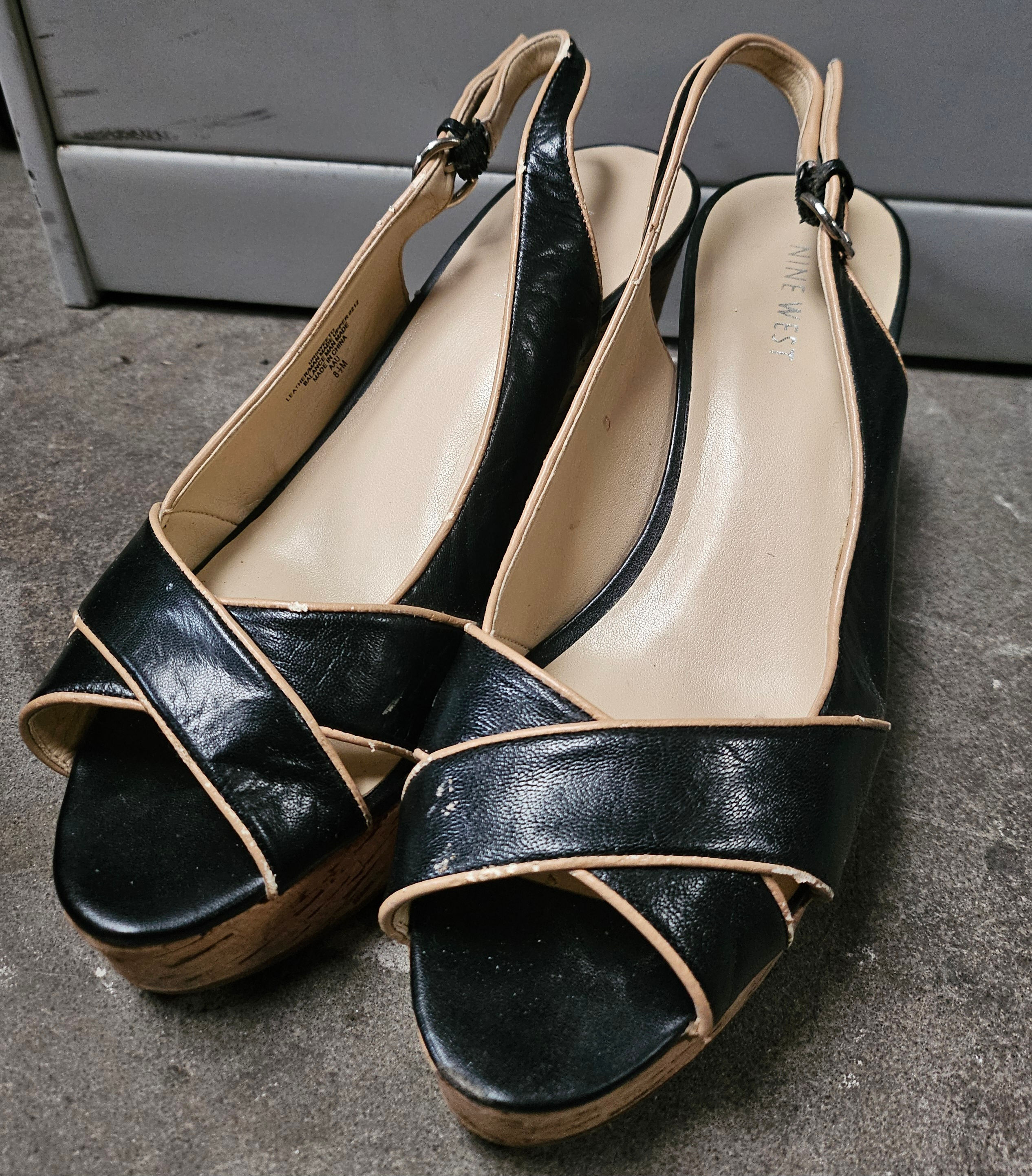 Shoes: Black And Cream Sling Back Wedged Heels Sz 8.5