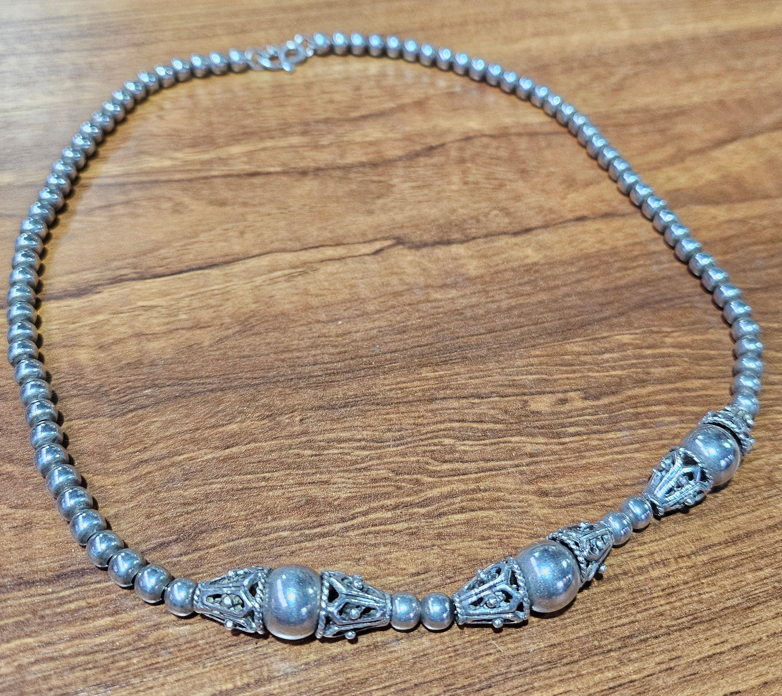 Vintage Sterling Silver 925 Ball Chain Necklace W/ Ornate Pierced Scroll Work
