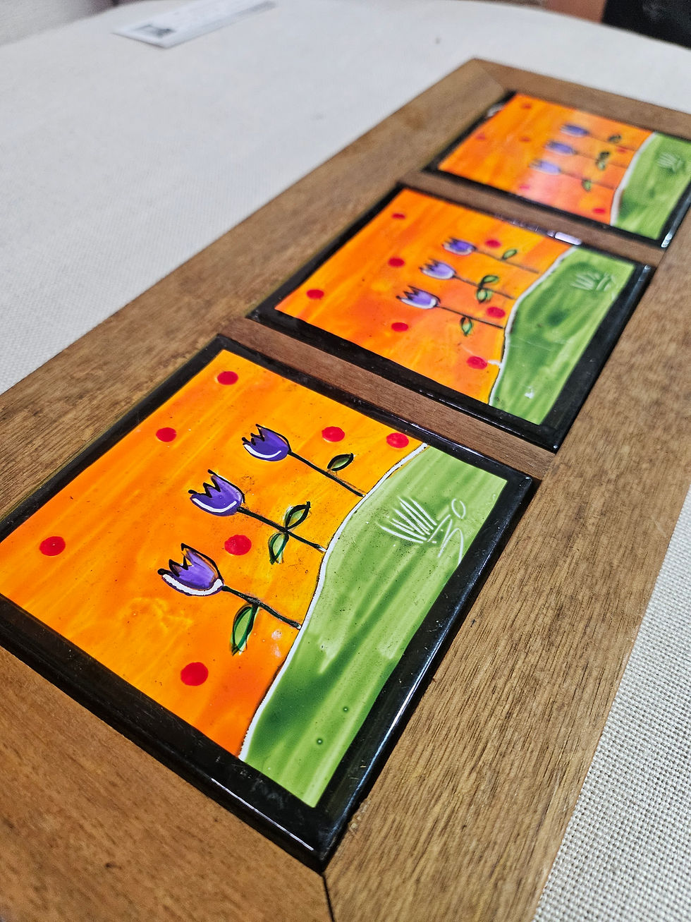 Thumbnail: Hand Painted Triptych Wooden Framed Artwork W/ Three Vibrant Ceramic Tiles