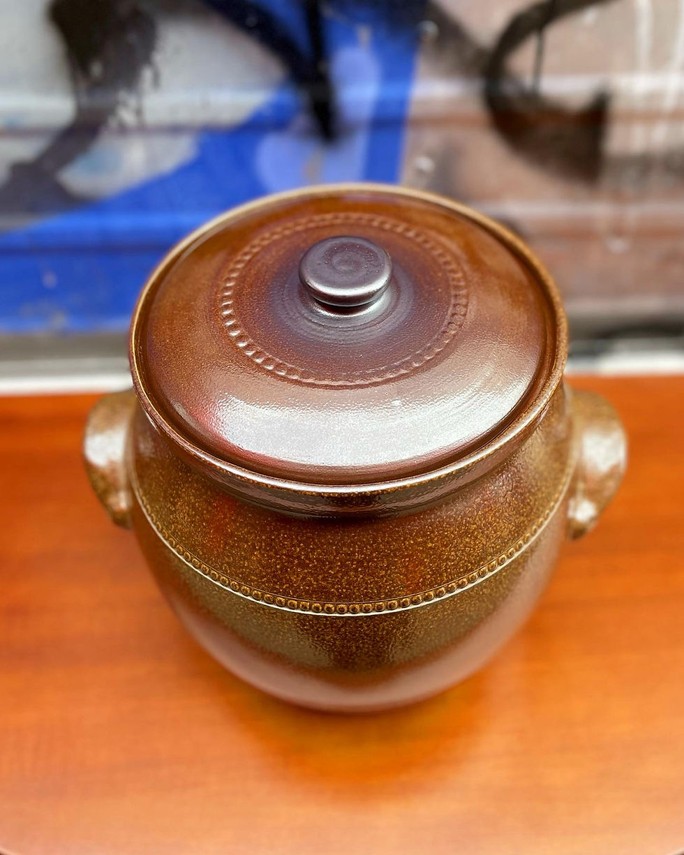 Thumbnail: Medium Size Bendigo Pottery Glazed Lidded Canister/Bread Crock by K.C. 