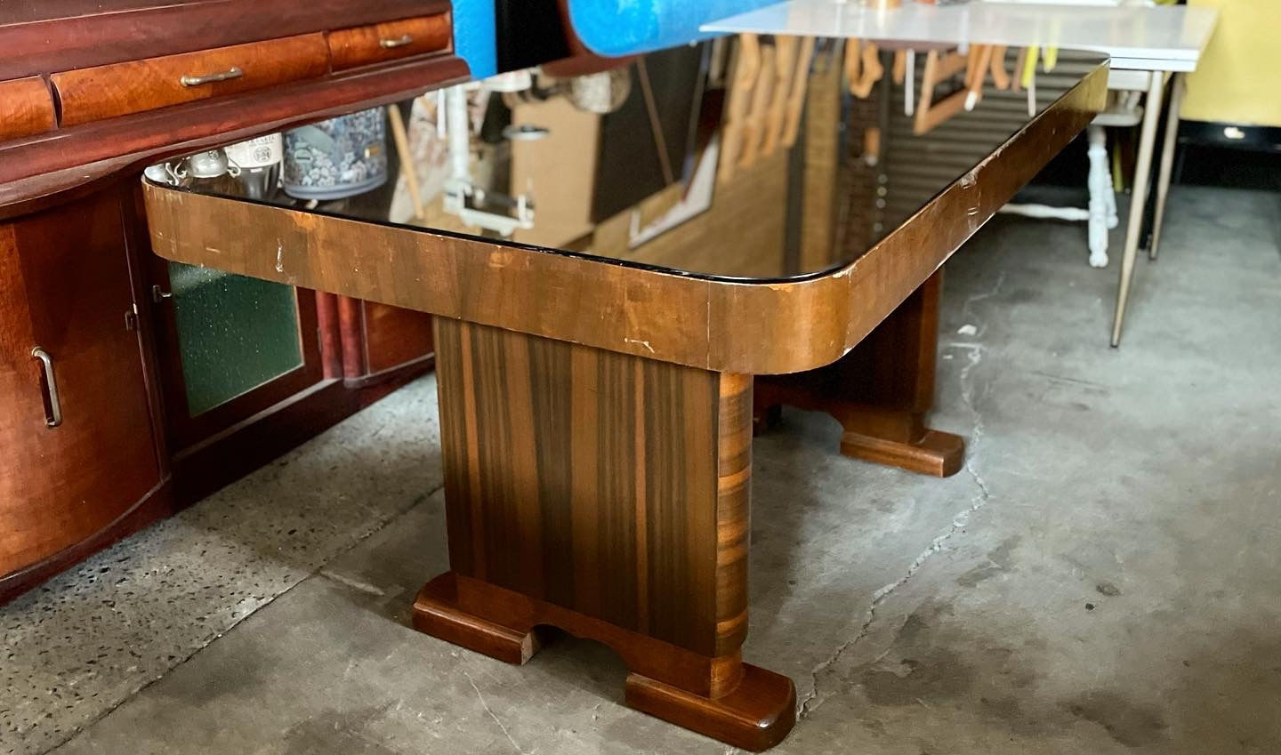 Superb Antique Art Deco Dining Table with Glass Top dating from C.1920s 