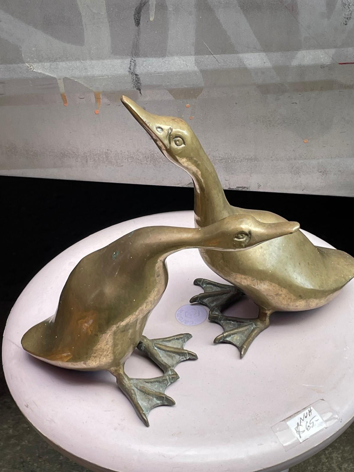 Pair of Solid Brass Ducks Male and Female Art Deco