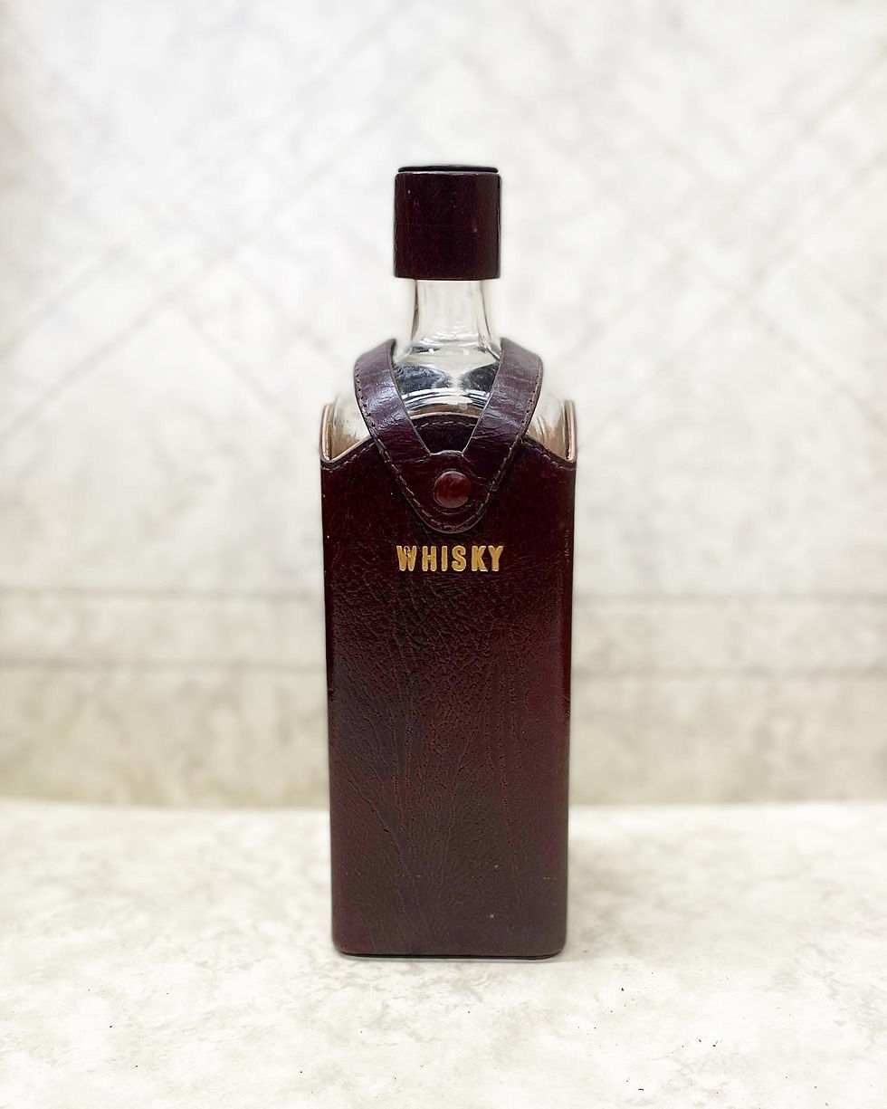 Vintage Decorative Empty Whiskey Bottle with Embossed Dark Brown Leather Case