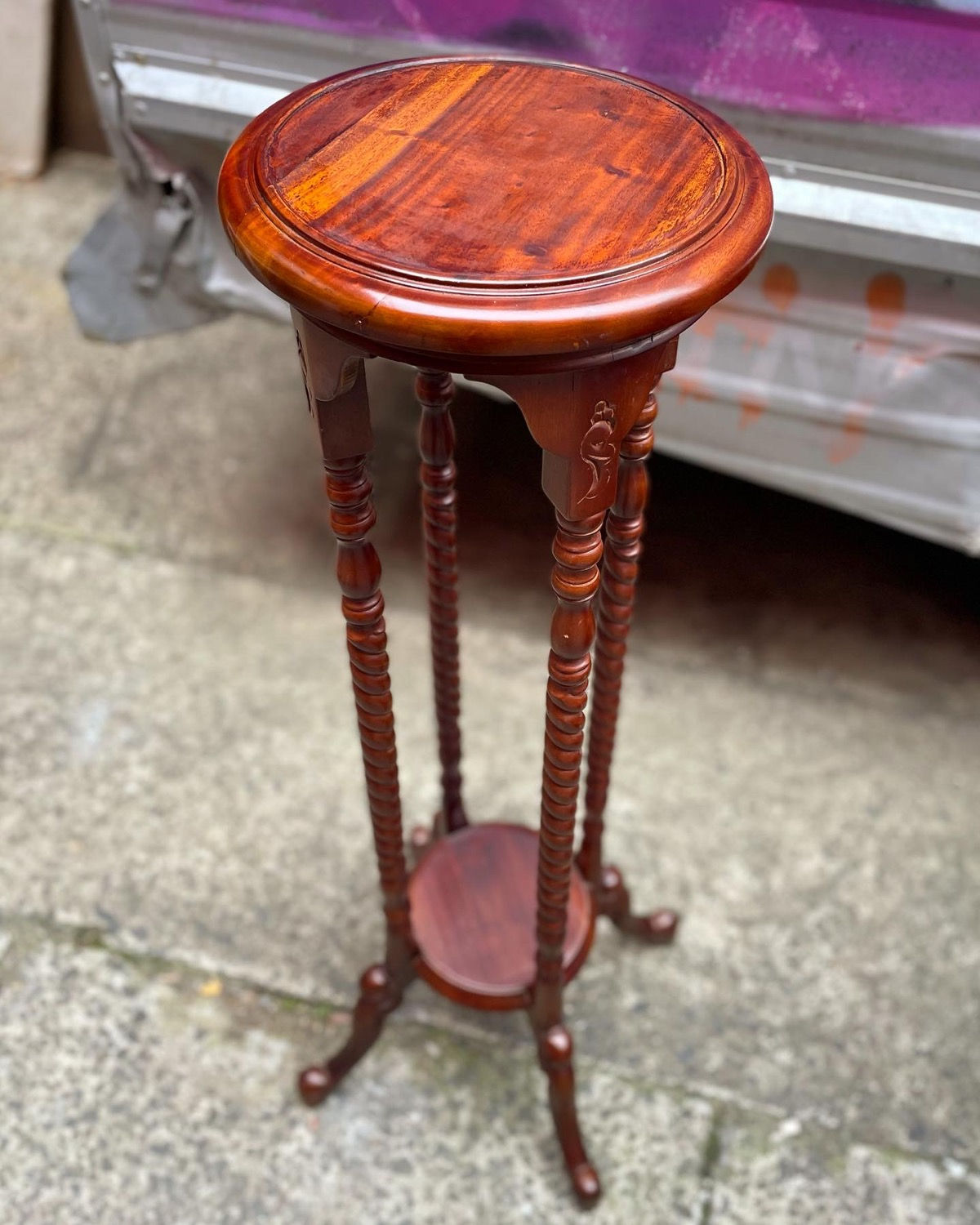 Impressive Round Vintage Barley Sugar Twist Pedestal with a Lower Shelf