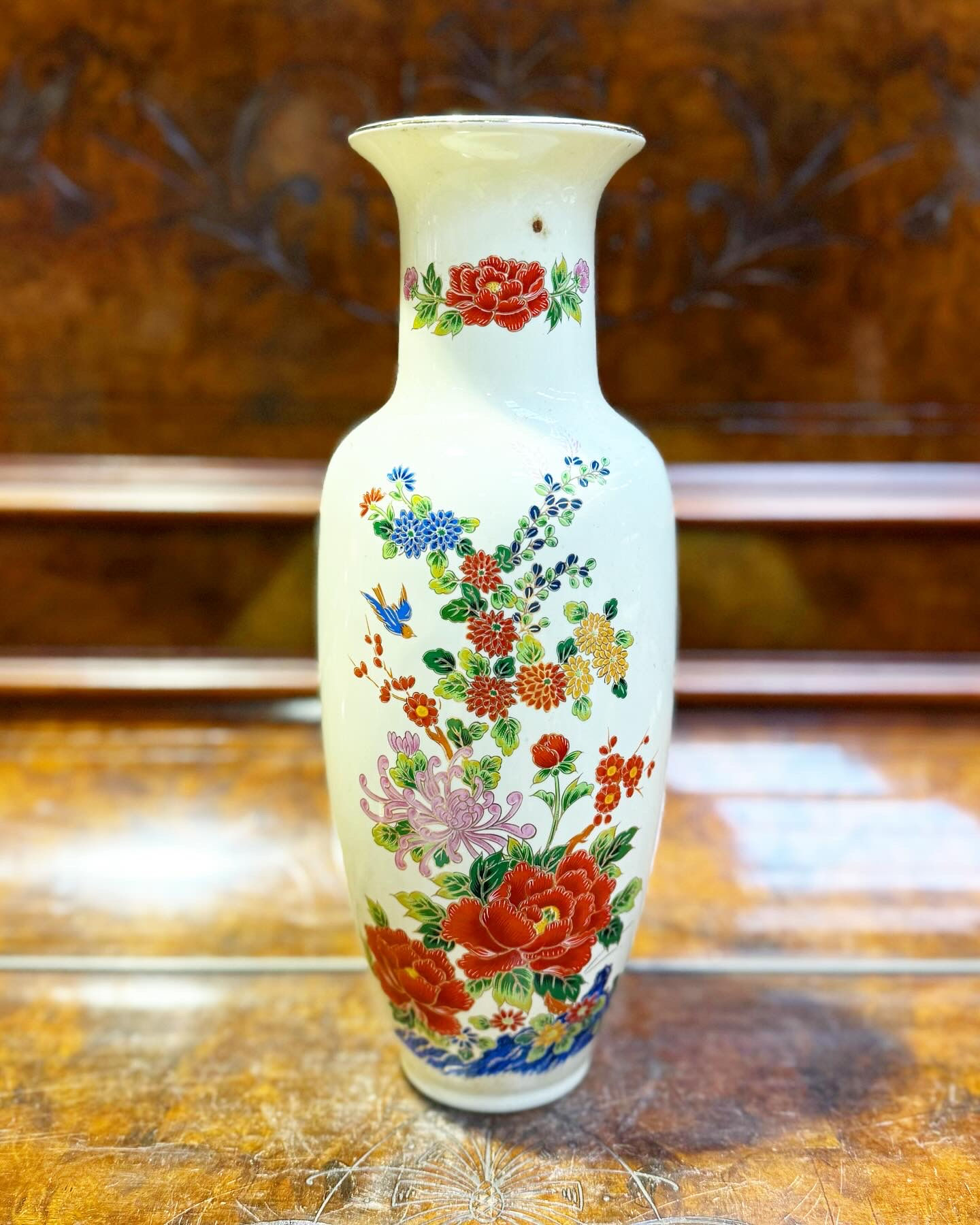 Vintage Japanese Porcelain Bijutsu Toki Vase with Flowers & Blue Bird