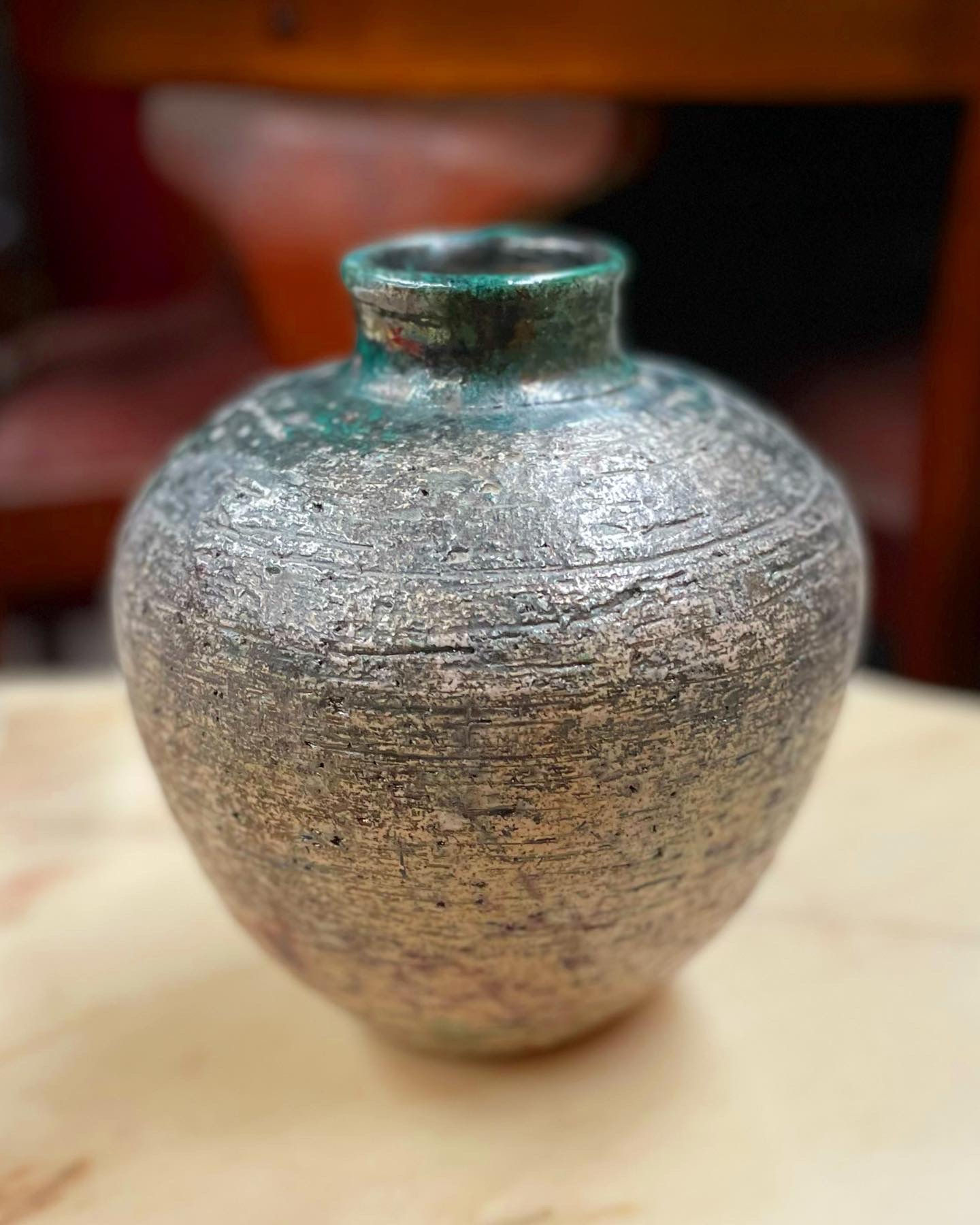 Decorative Signed Green & Beige Raku Stoneware Glazed Vase from C.1980s