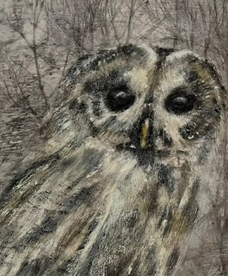 An encaustic painting of an owl on a wooded landscape.