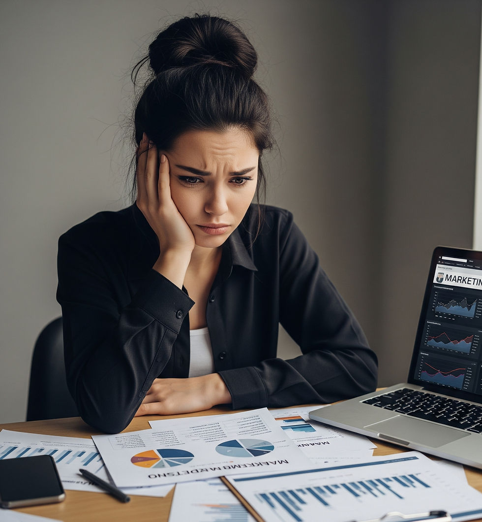 Overwhelmed by the numbers, a marketing professional grapples with data analysis and campaign challenges.