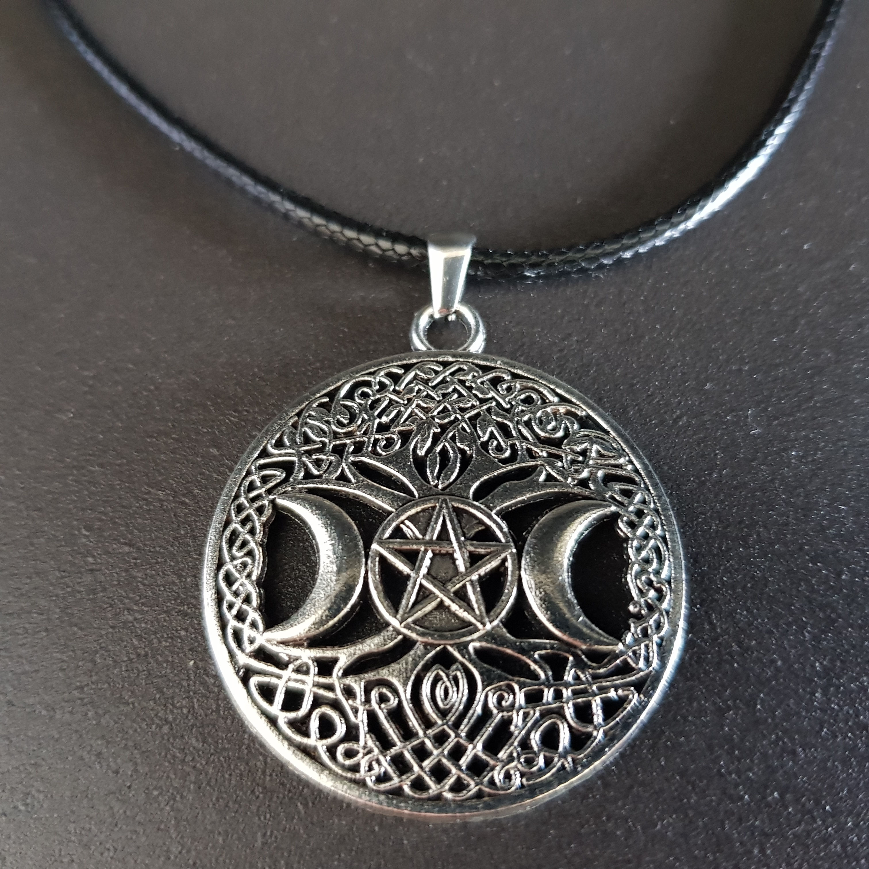 Triple Goddess Pentacle Necklace, Vegan Leather