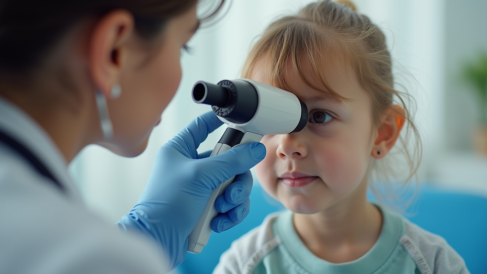 Eye-level view of a pediatrician examining a child's ear with an otoscope