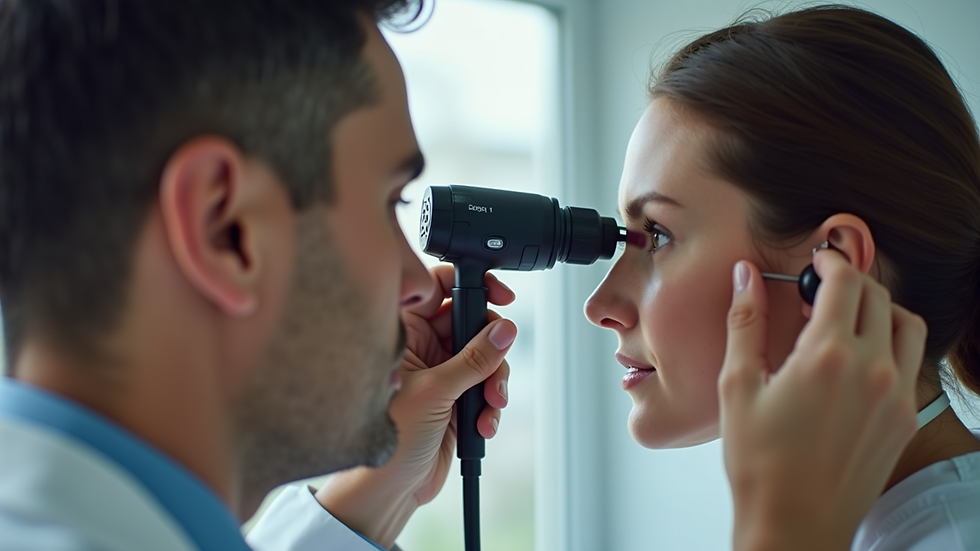 Close-up view of a doctor examining a patient's ear with an otoscope