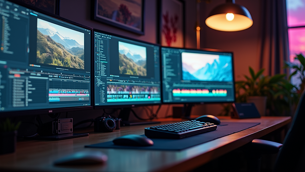 High angle view of an advanced video editing workstation with dual monitors