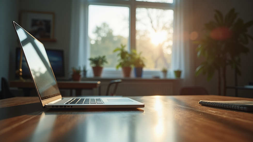Eye-level view of a laptop on a wooden desk in a home office