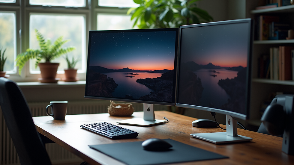 High angle view of a desktop computer setup with dual monitors