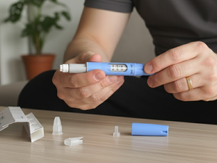 A person preparing a GLP-1 injection pen for use, with pen caps and packaging on a table.