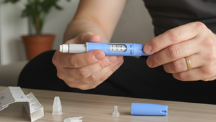 A person preparing a GLP-1 injection pen for use, with pen caps and packaging on a table.