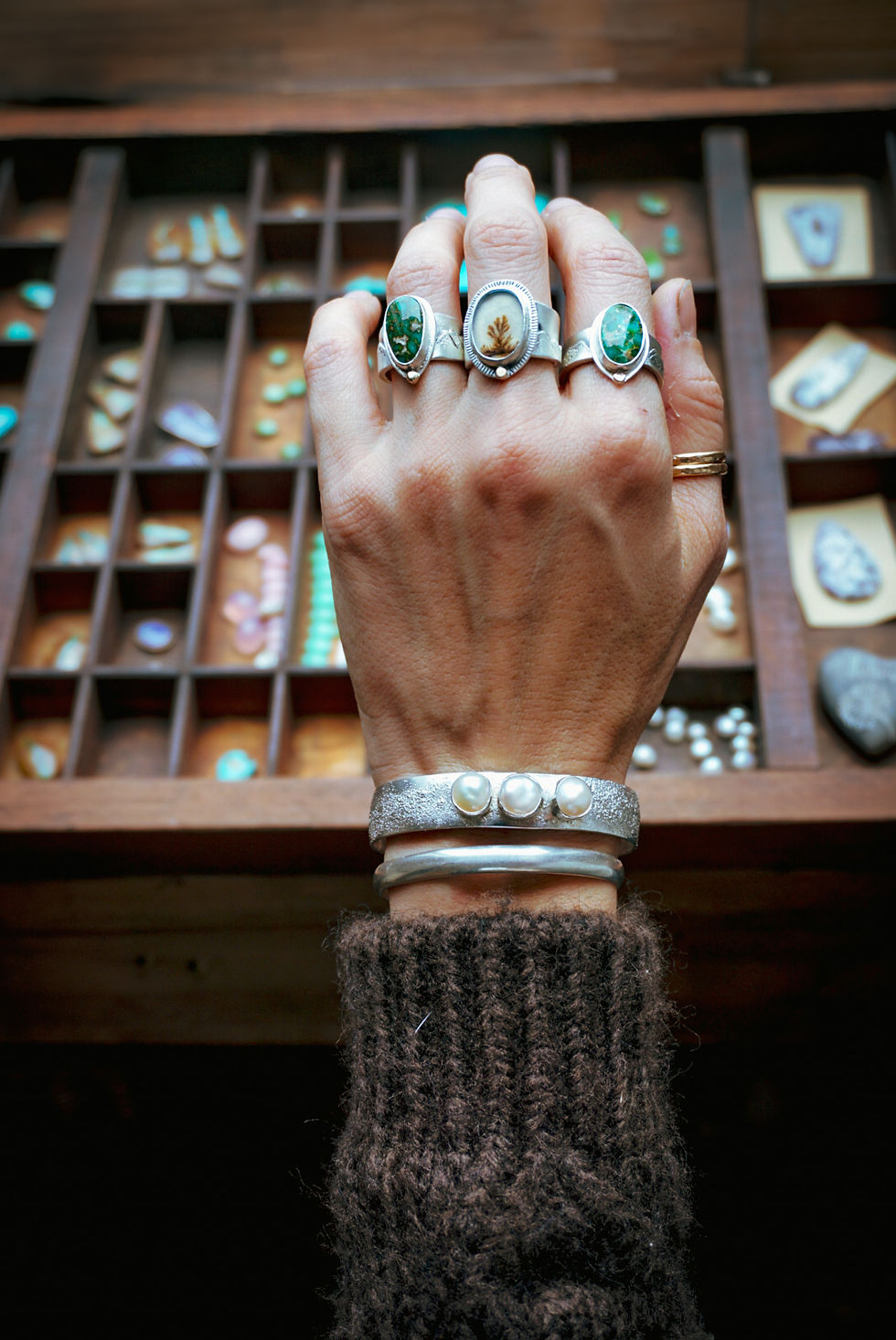 Thumbnail: Mountainscape Ring ~ Sonoran Gold Turquoise ~ 9.25 wide band