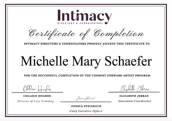 Michelle Mary Schaefer's certification in Intimacy Director and Coordinator