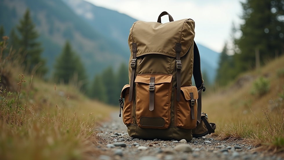 Eye-level view of a durable hiking backpack made from recycled materials