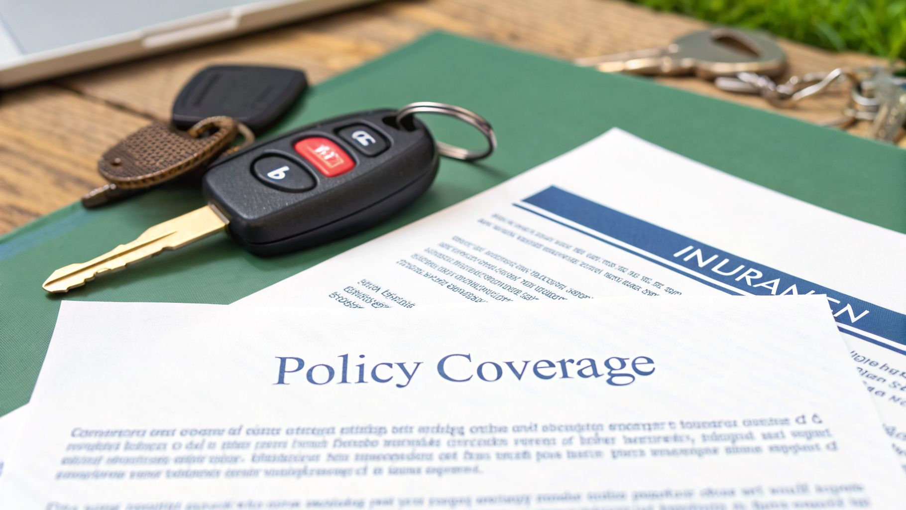 Policy Coverage paper and a car key. Impound Insurance Cost: Your 2026 Guide to Reclaiming Your Car with UK Sure