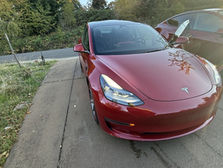 Front three-quarter view of a red Tesla Model 3 parked on a concrete driveway with autumn trees behind it