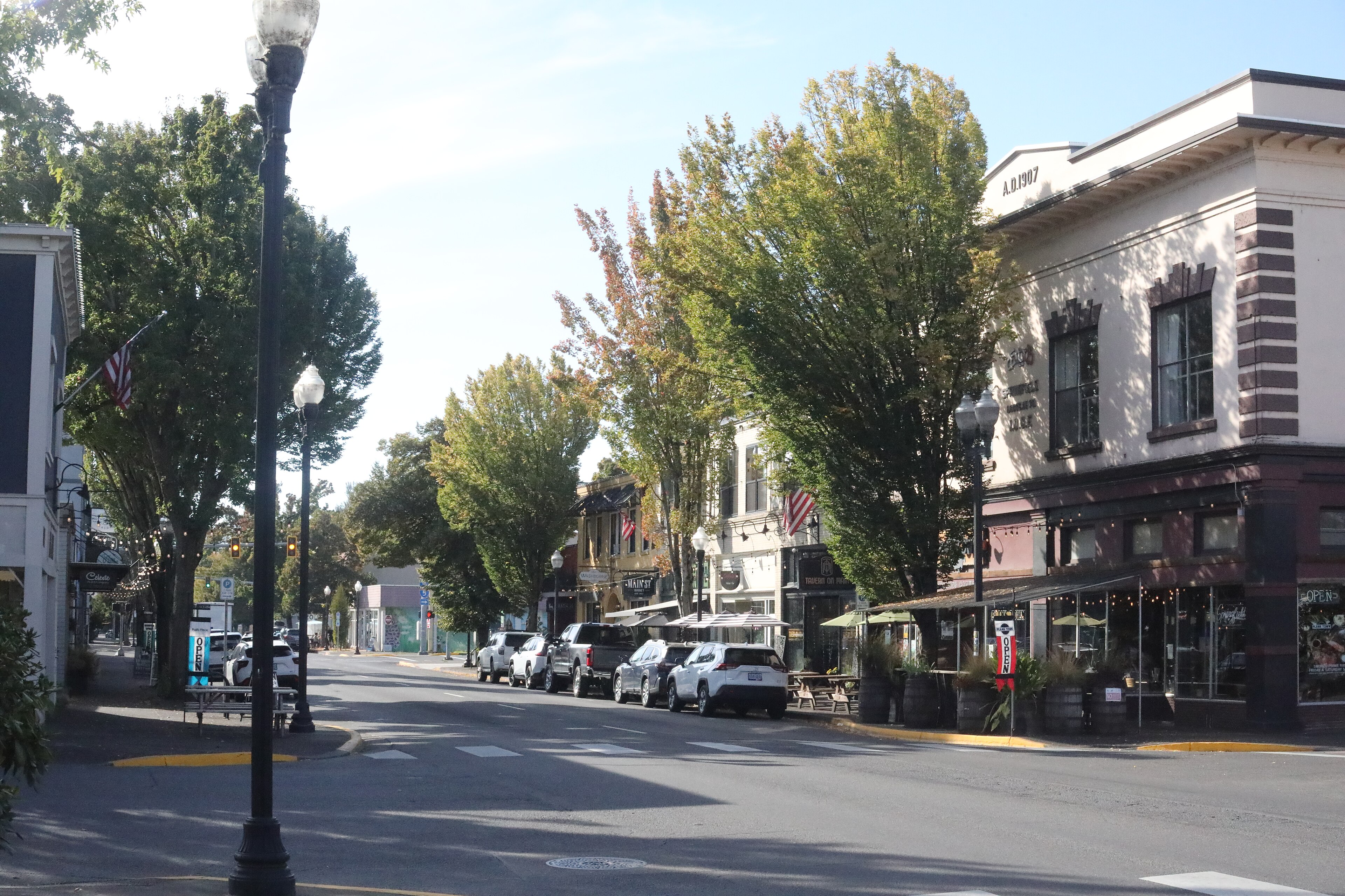 Storefronts along Main Street in downtown Springfield, Oregon