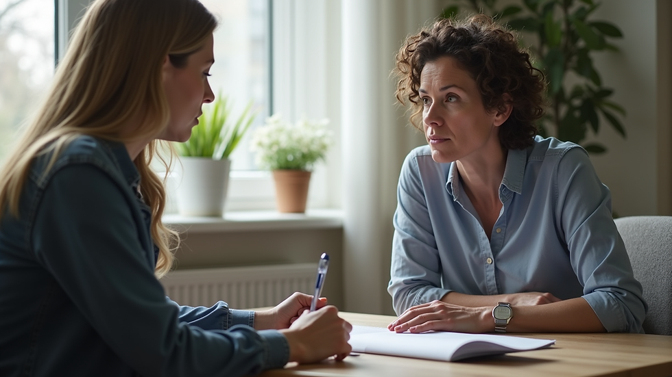Close-up view of a recovery coach and client discussing a plan
