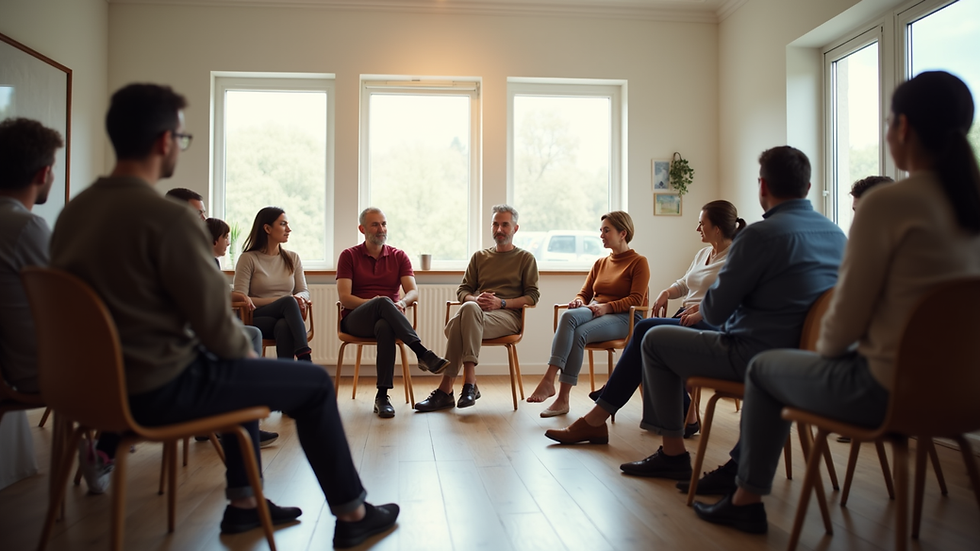 Eye-level view of a community circle meeting in a bright room