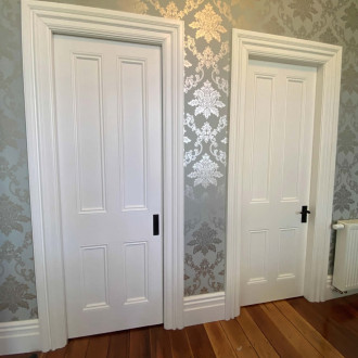 A prehung door consists of a door leaf set inside a door jamb, ready for installation. Par