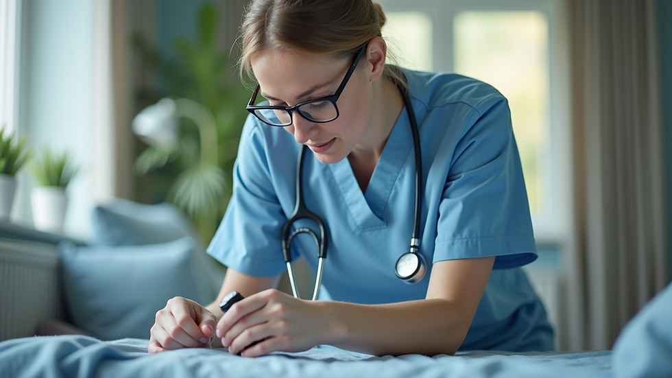 Eye-level view of a home care nurse setting up medical equipment