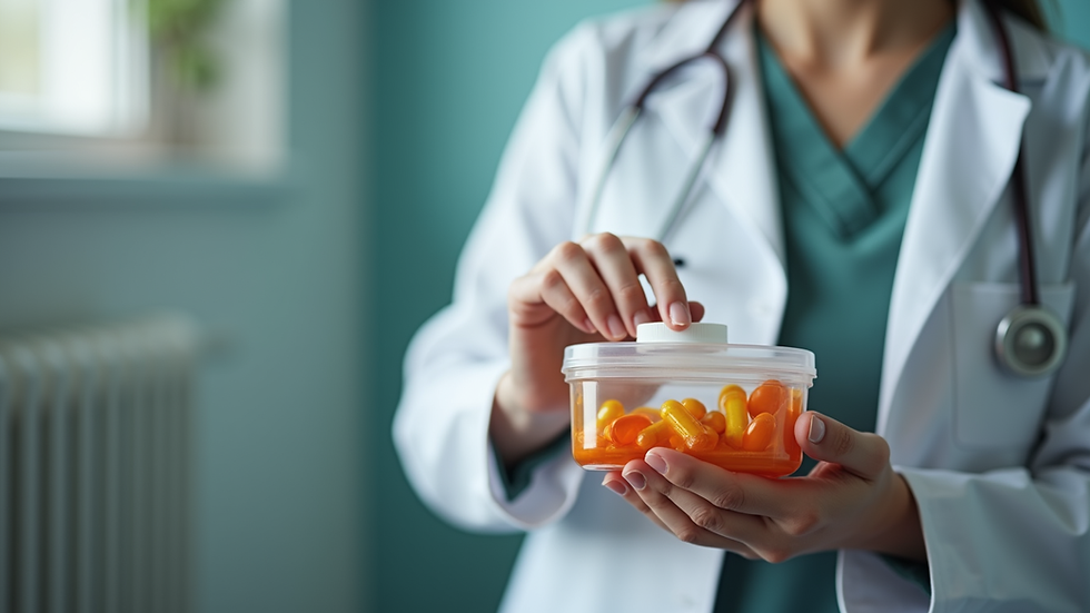Close-up view of a caregiver's hand holding a medication organizer
