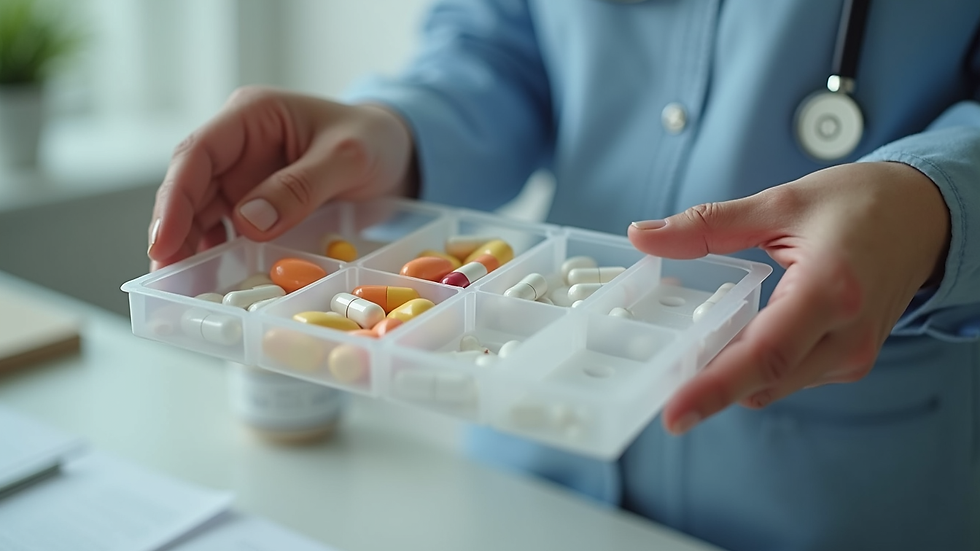 Close-up view of a caregiver organizing medication in a pill organizer