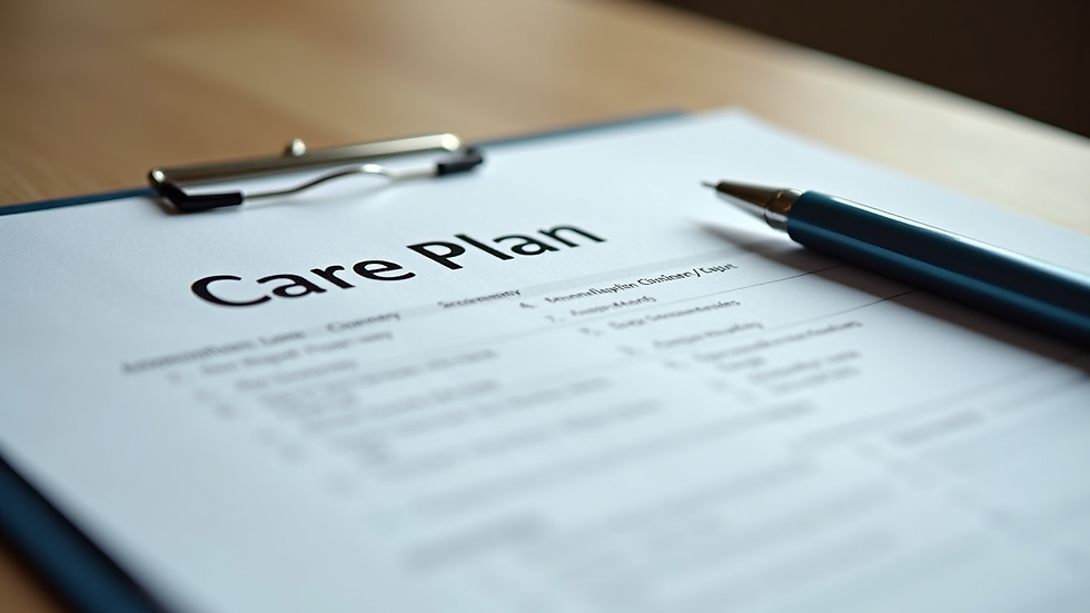 Close-up view of a care plan document with a pen on a wooden table