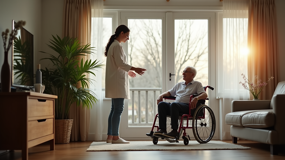Eye-level view of a senior's living room with a caregiver assisting