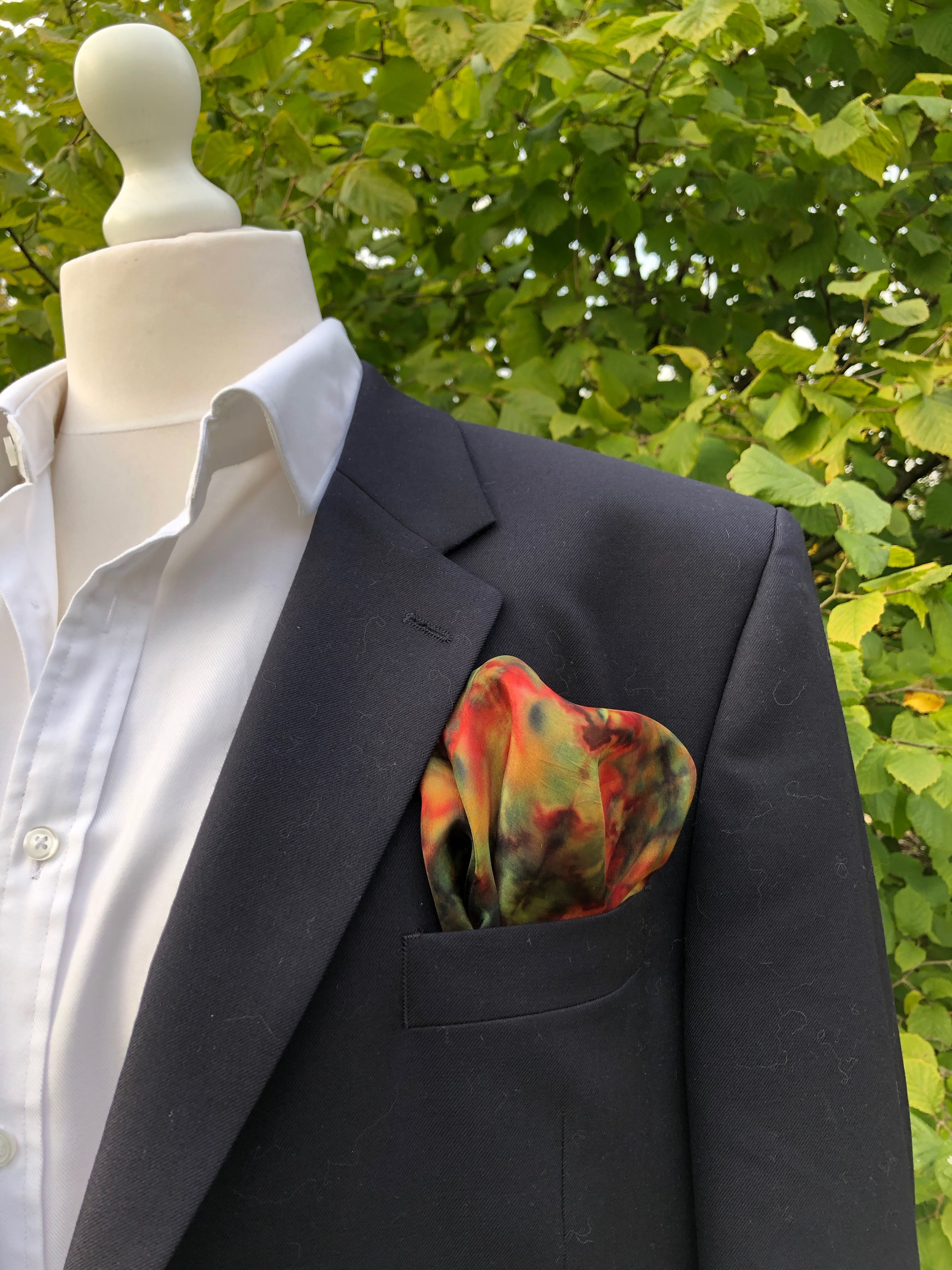 Large Green & Amber Silk Pocket Square ~ Handkerchief