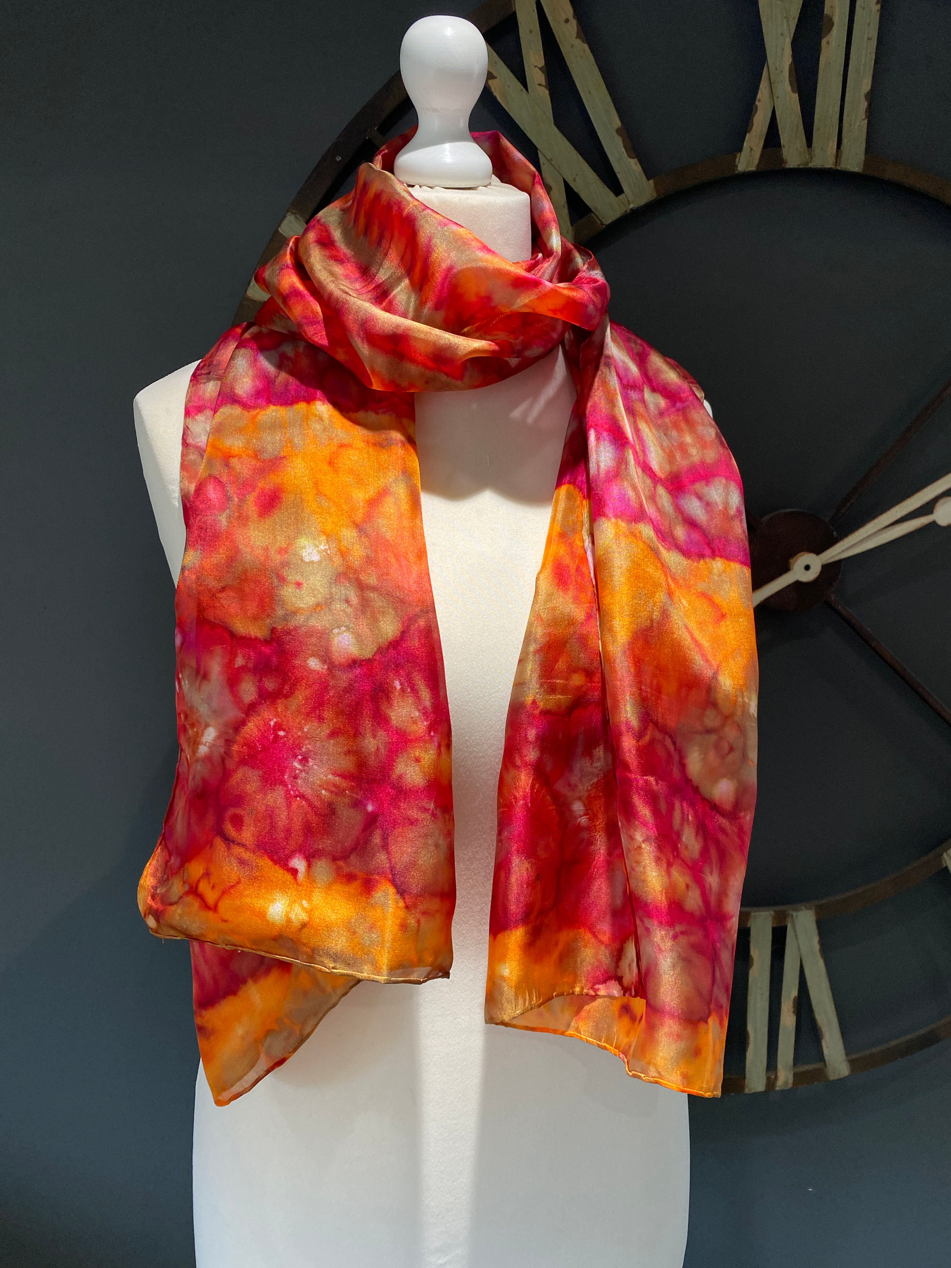 Begonia Brilliance - Russet, Orange and Red Hand Painted Pure Silk Scarf