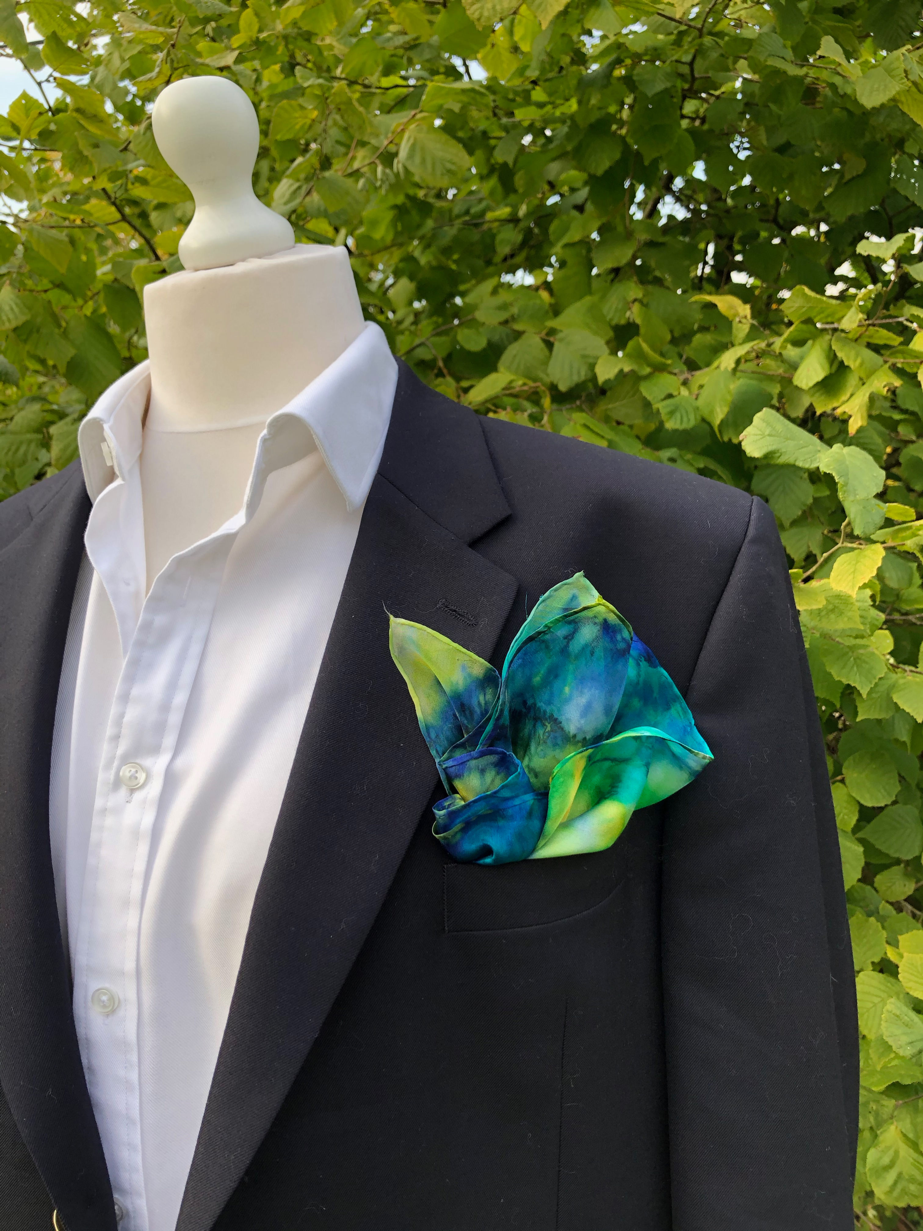 Large Green, Blue and Yellow Silk Pocket Square ~ Handkerchief