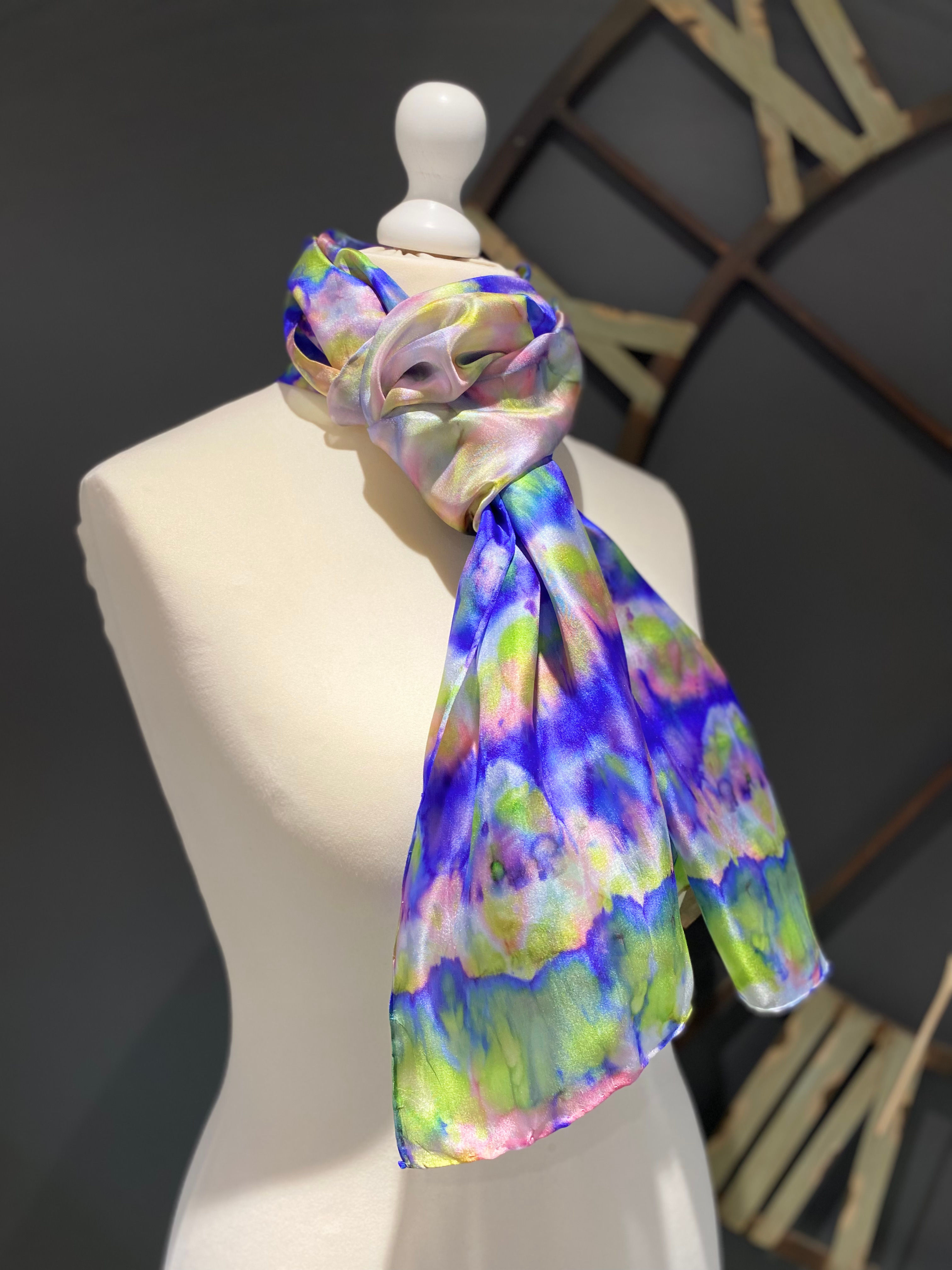 Delightful Delphiniums Hand Painted Pure Silk Scarf ~ One Of A Kind