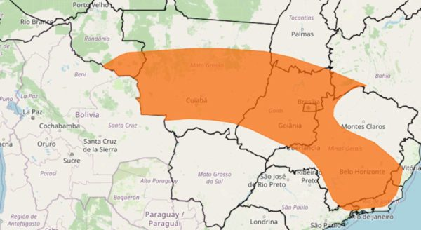 Alerta laranja para chuvas fortes nas regiões centrais do país, incluindo Mato Grosso, Goiás, Minas Gerais, Rio de Janeiro e Espírito Santo.