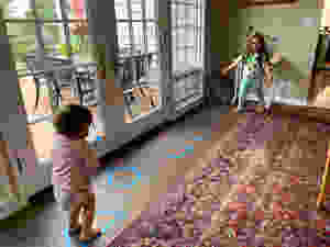 Hopscotch and taking turns running through the shapes