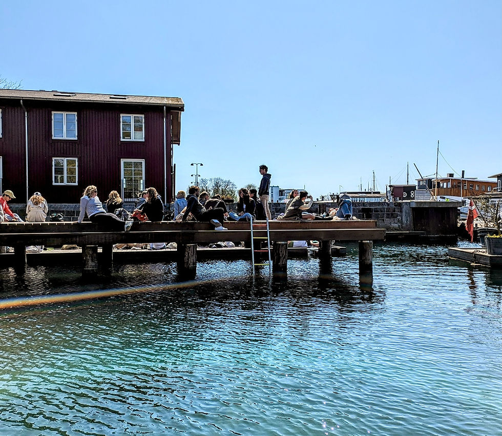 people relaxing on a dock by the water in Copenhagen