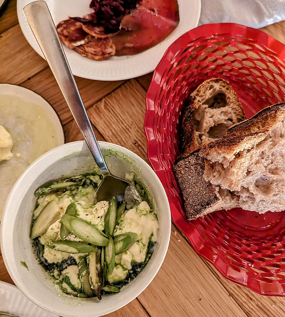 bread, appetizers, and charcuterie at a restaurant in Copenhagen