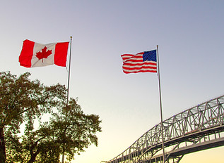 International Border Crossing. Sunset at the Blue Water Bridge border United States and Ca