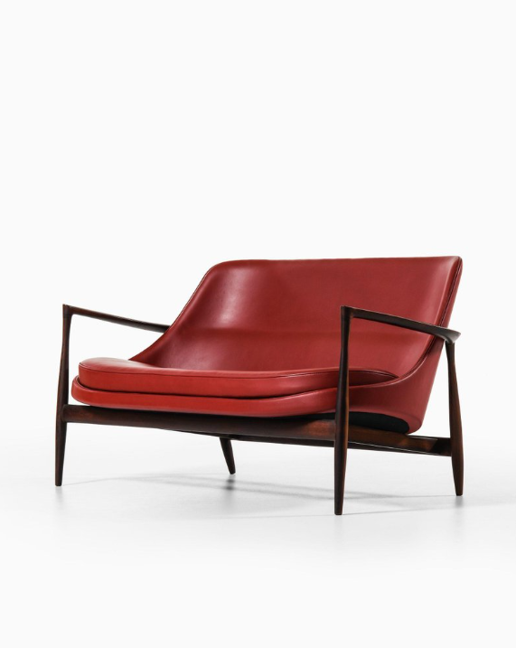 Sofa in Rosewood and Reupholstered in Burgundy Leather by Ib Kofod-Larsen, 1956